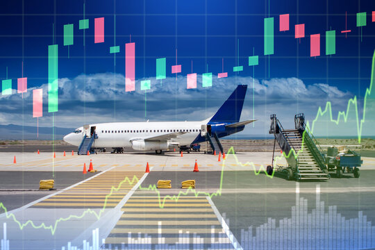 Investing in an airline. Airplane on background of green graphics. Waste cost airlines. Splash in stock prices. Concept - new investments have led to stock prices. Airplane as a symbol of air travel