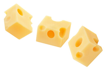 Falling  Cheese pieces isolated on white. Levitating maasdam cheese cubes. Holey Cheese Explosion. Top view. Flat lay.  Package design element.  Creative layout.