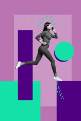 Creative image collage of young girl run fast on figure shape speak gadget purple background