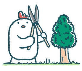 ゆるいにわとりは剪定ばさみをもって立つ