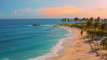 Fototapeta premium Palm tree lined beach at sunset with clear blue ocean waters.