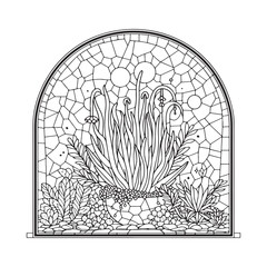 Botanical composition in geometric mosaic frame, linear design elements, elegant outline of plants and flowers