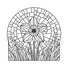 Obraz premium Daffodil flower within an arched mosaic frame in a minimalist line art style