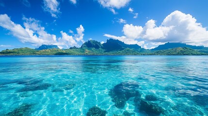 Stunning tropical island landscape with clear turquoise water and lush green mountains under a bright