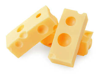 Emmental cheese cubes isolated. Swiss holey maasdam cheese piees on white background close up.