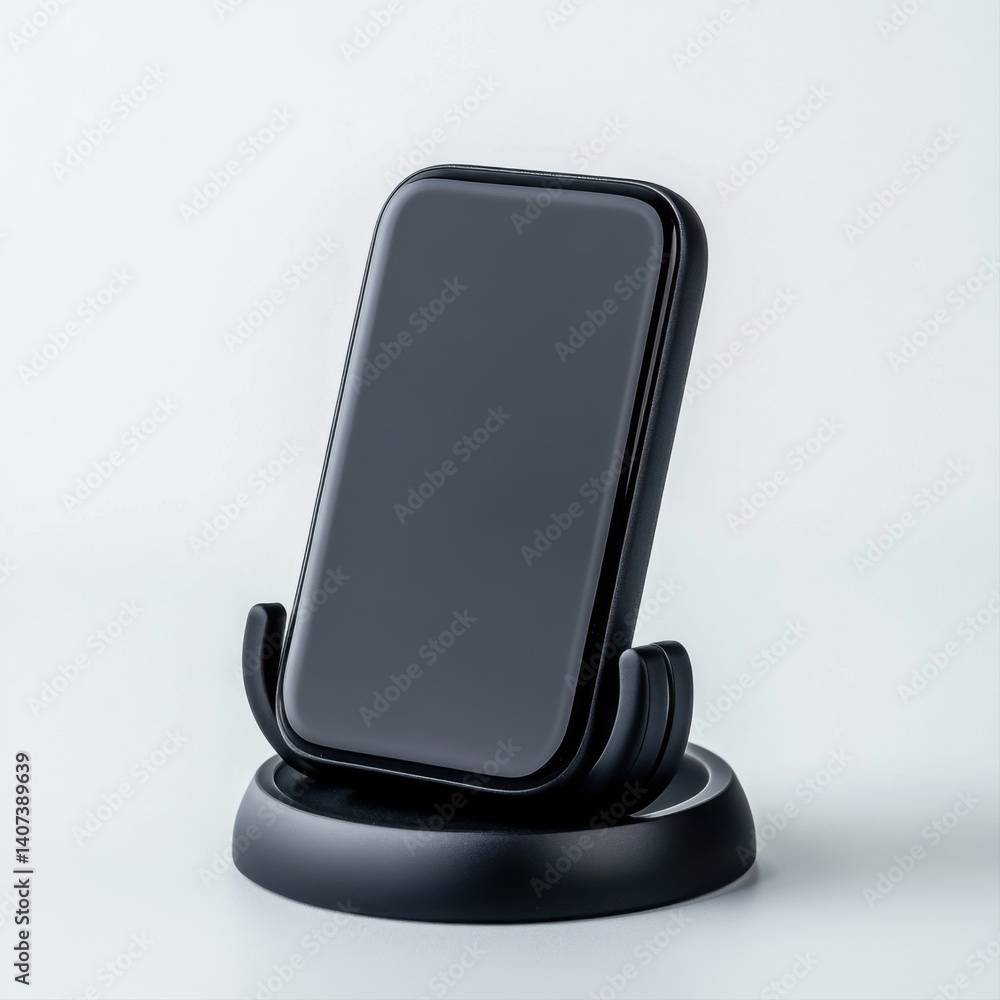 Poster black smartphone on elegant stand with minimalist design and soft light background ideal for display