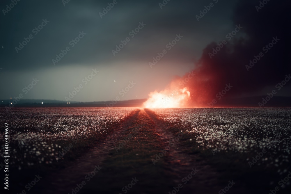 Poster a captivating view of a flower field at dusk with a trail leading to a fiery glow, creating an intri