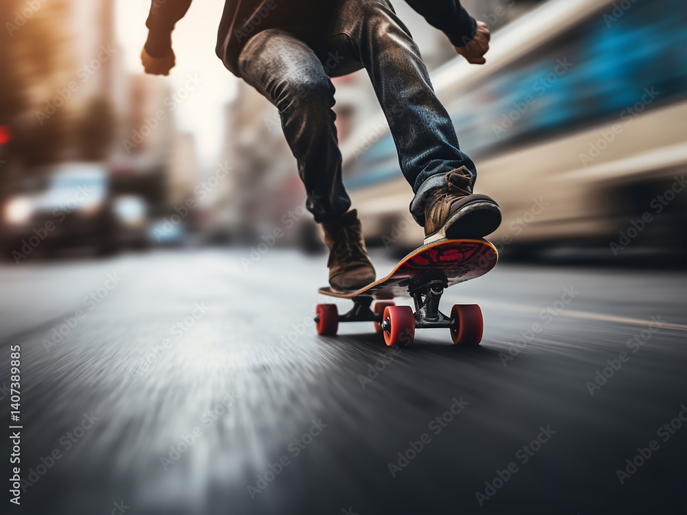 Poster skateboarder riding with wheels blurring in fast motion showcasing skill and speed
