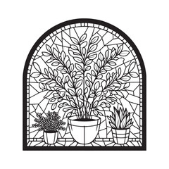 Elegant mosaic outline of potted plants within a simple arched frame