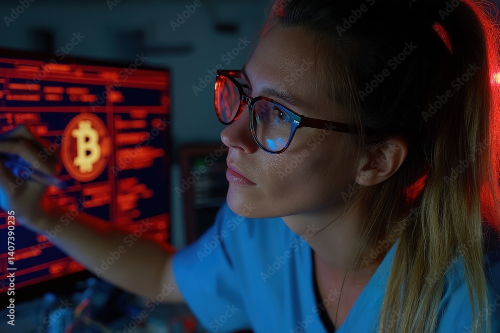 Poster cryptocurrency analyst engaged in blockchain research at tech lab illuminated by neon lights focused