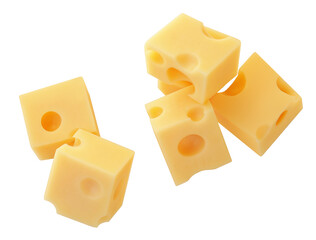 Flying Cheese pieces isolated on white. Levitating maasdam cheese cubes. Holey Cheese Explosion. Top view. Flat lay.  Package design element.  Creative layout.