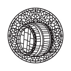 Monochrome barrel icon encased in a stylized geometric mosaic frame design