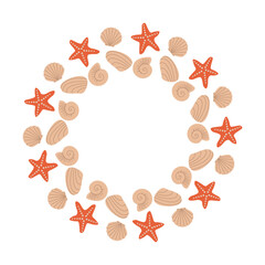 Summer frame with sea stars and sea shells flat vector illustration isolated on white background. Sea shell frame for summer holiday season, travel, vacation, trip to sea, marine life.