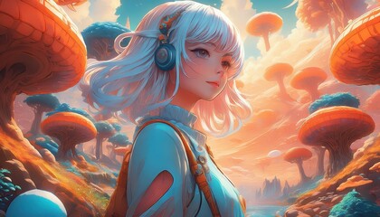 Vibrant Surrealistic World of Classic Animes Organic Structures and Colors in a Fantastical Landscape, Embracing Rich Imagination and Creative Energies
