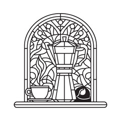Stylized coffee brewing equipment within a decorative arch outline design