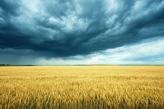 Golden wheat field under cloudy stormy sky