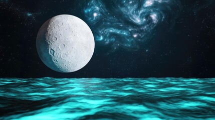 Landscape of alien planet under a surreal nebula and moon concept. A stunning view of a moon over a shimmering ocean with stars.