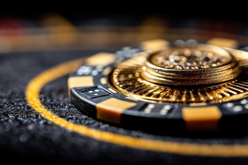 Close-up studio shot of a golden casino token on a textured black surface, highlighting its intricate design and luxurious allure with a blurred background.