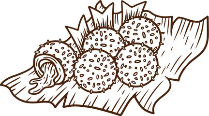 hand drawn klepon illustration with sweet palm sugar inside and pandan leaf in green leaf plate suitable for street food