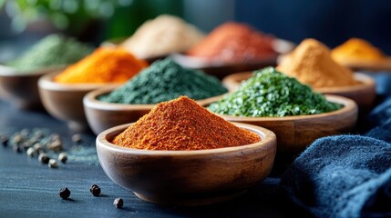 An artful display of colorful spices arranged in wooden bowls against a dark background, emphasizing the vibrant hues and textures that enrich culinary creations and inspire dishes.