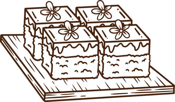 hand drawn kuih seri muka illustration with coconut and pandan flavour in square plate suitable for street food