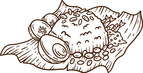 hand drawn nasi lemak illustration with boiled egg fried peanut and sambal sauce in leaf plate suitable for street food