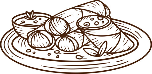 hand drawn lumpia illustration with spicy red sauce in white plate suitable for street food