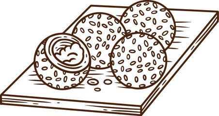 hand drawn onde onde illustration with mung bean inside in squar plate suitable for street food