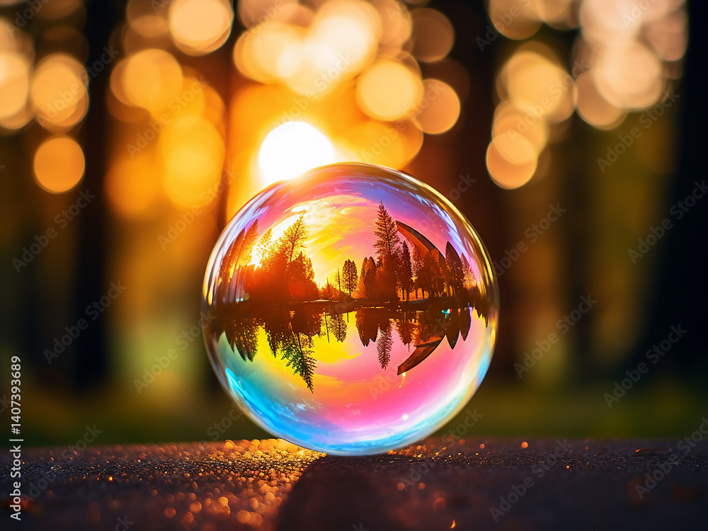 Poster a soap bubble floats in a sunlit park, with rainbow reflections creating a beautiful bokeh effect