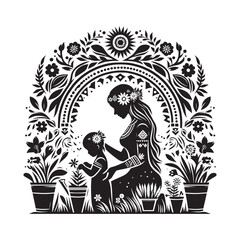 Fototapeta premium Bohemian Black and White Silhouette Illustration of Mother and Child Gardening