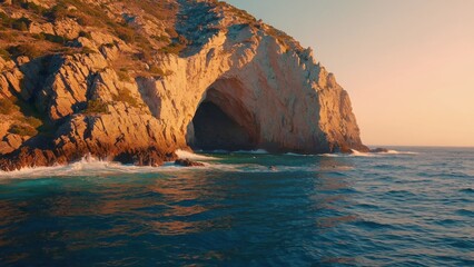 Fototapeta premium A picturesque coastal sea cave at sunset, showcasing the serene beauty of a natural landscape.