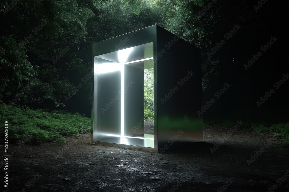 Poster a mysterious geometric structure with glowing edges stands in a dark, lush forest, creating a portal
