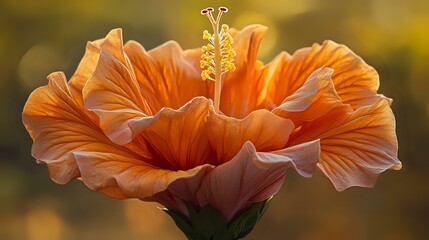 A vivid orange hibiscus in peak bloom, delicate petals curling outward, crisp details captured in macro shot, soft golden sunlight highlighting tones