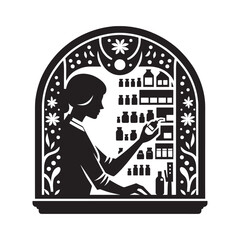 Elegant depiction of a pharmacist at work in a stylized environment