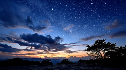 Naklejka premium Sunset's fiery hues blend with a starlit sky above a silhouetted landscape