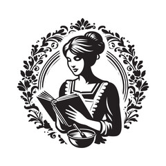 Elegant illustration of woman immersed in a cookbook while preparing food