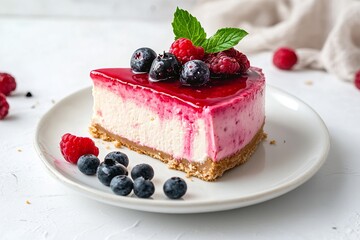 A slice of berry cheesecake on a white plate with raspberries and blueberries and mint leaves on top