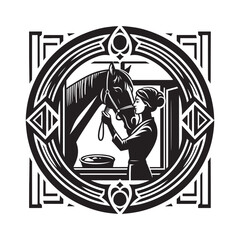 Elegant monochrome depiction of a woman grooming her horse with affection