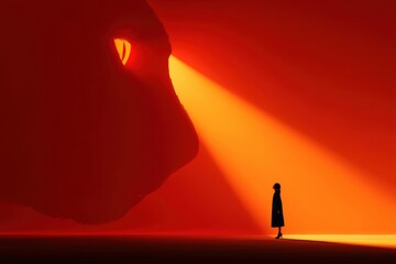 A surreal portrait of a woman facing a giant red face, illuminated by a bright light beam, evoking a sense of mystery and introspection against the fiery sky.