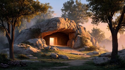 Obraz premium Sunrise illuminates cave entrance nestled in tranquil forest