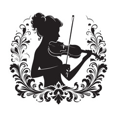 Elegant silhouette of a violinist framed by ornate floral design