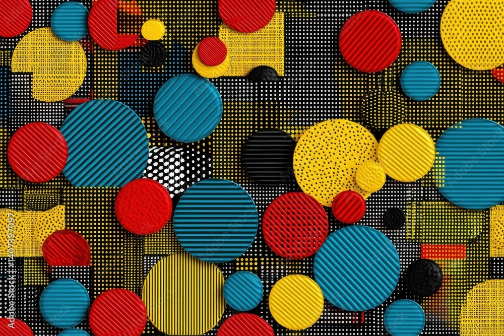 Poster a vibrant abstract composition featuring colorful circles with dynamic patterns, set against a polka