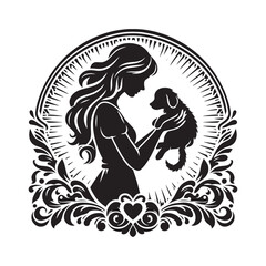 Fototapeta premium Elegant silhouette of a woman embracing a puppy with floral frame decor