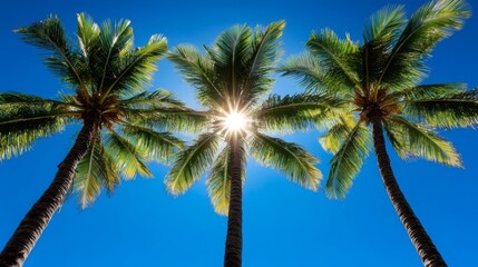 Three Palm Trees Basking in Bright Sunlight on a Clear Blue Sky Day