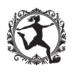 Elegant silhouette of a woman playing soccer within ornate decorative frame