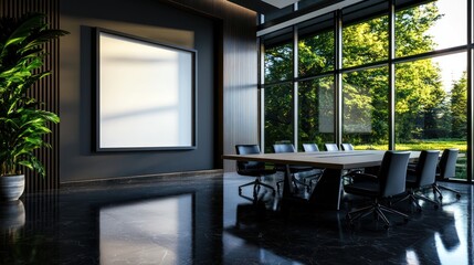 Modern conference room with large blank canvas, natural light, and outdoor view