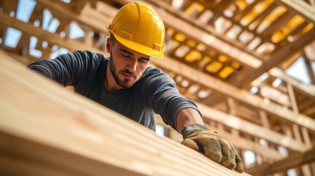 Construction laborer sanding wooden beams for smooth finish. Featuring craftsmanship and detail