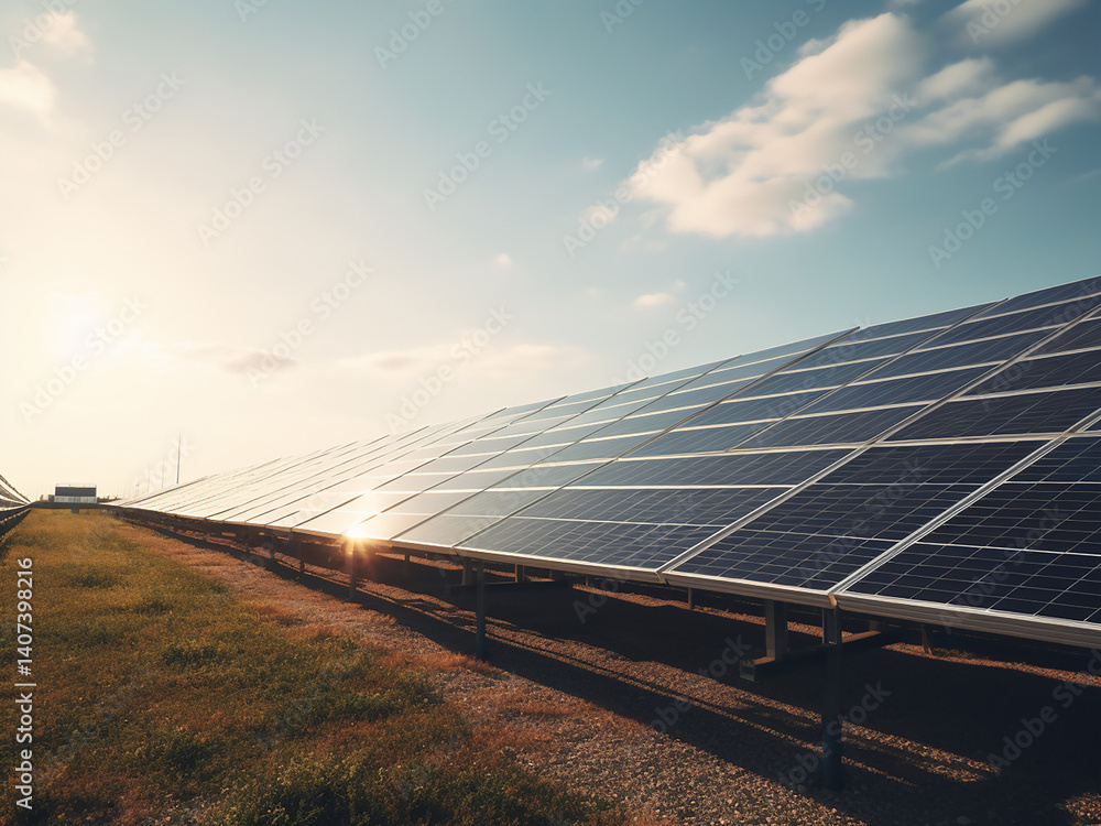 Poster panels are being mounted on the solar installation site with systems connecting to enable power