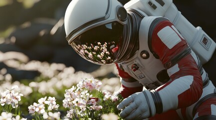 Naklejka premium Astronaut Exploring Alien Flora: A Vision of Planetary Discovery and Botanical Wonder