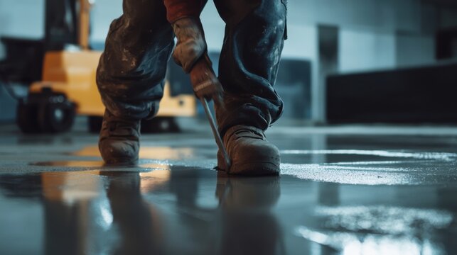 Construction laborer sealing a concrete surface for smooth finish. Featuring focus and expertise